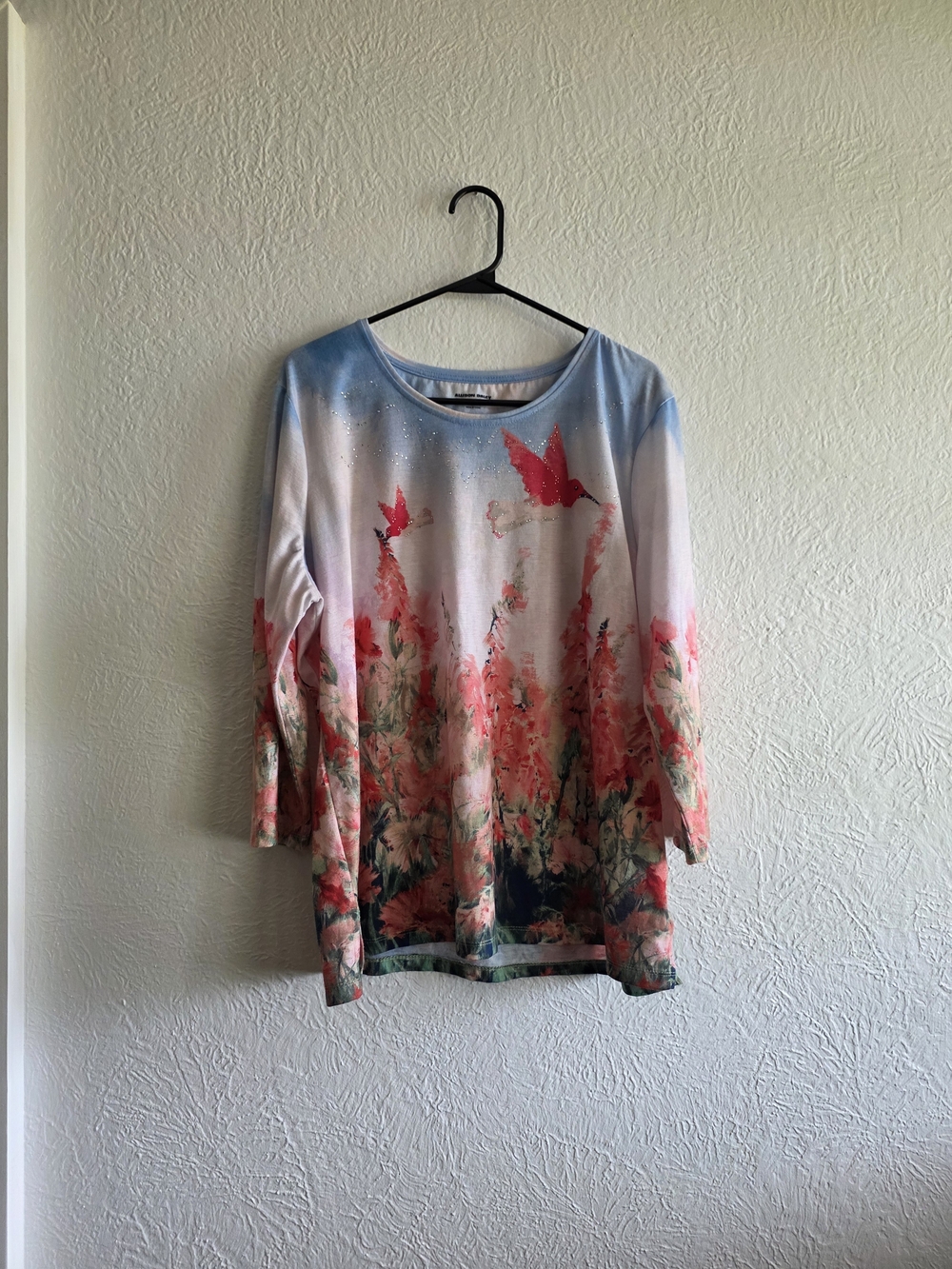 Allison Daley Floral Hummingbird Long-Sleeve Women's Top in Coral and Sky Blue
